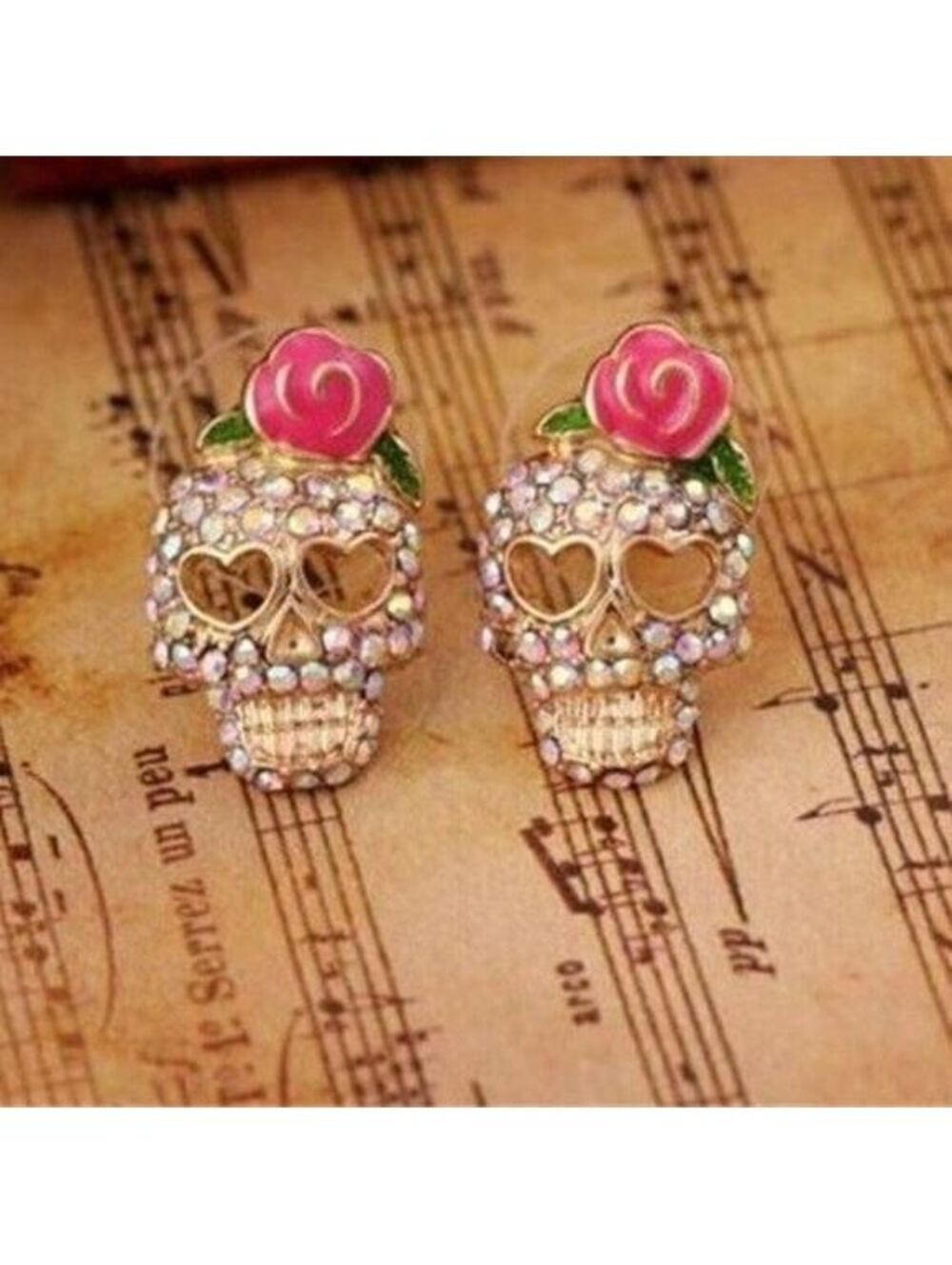 Day of the Dead Sugar Skull Crystal Stud Pink Gold Earrings